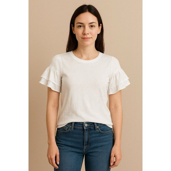 LOFT Women's Ruffle Tee Size Medium White T Shirt Smocked New Flutter - Picture 1 of 9